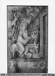 Life of Christ, Entry of Christ in Jerusalem, förberedande studie av gobelängtecknad film för kyrkan Saint-Merri i Paris, ca 1585-90 (pierre noire und wash und white highlights on paper)